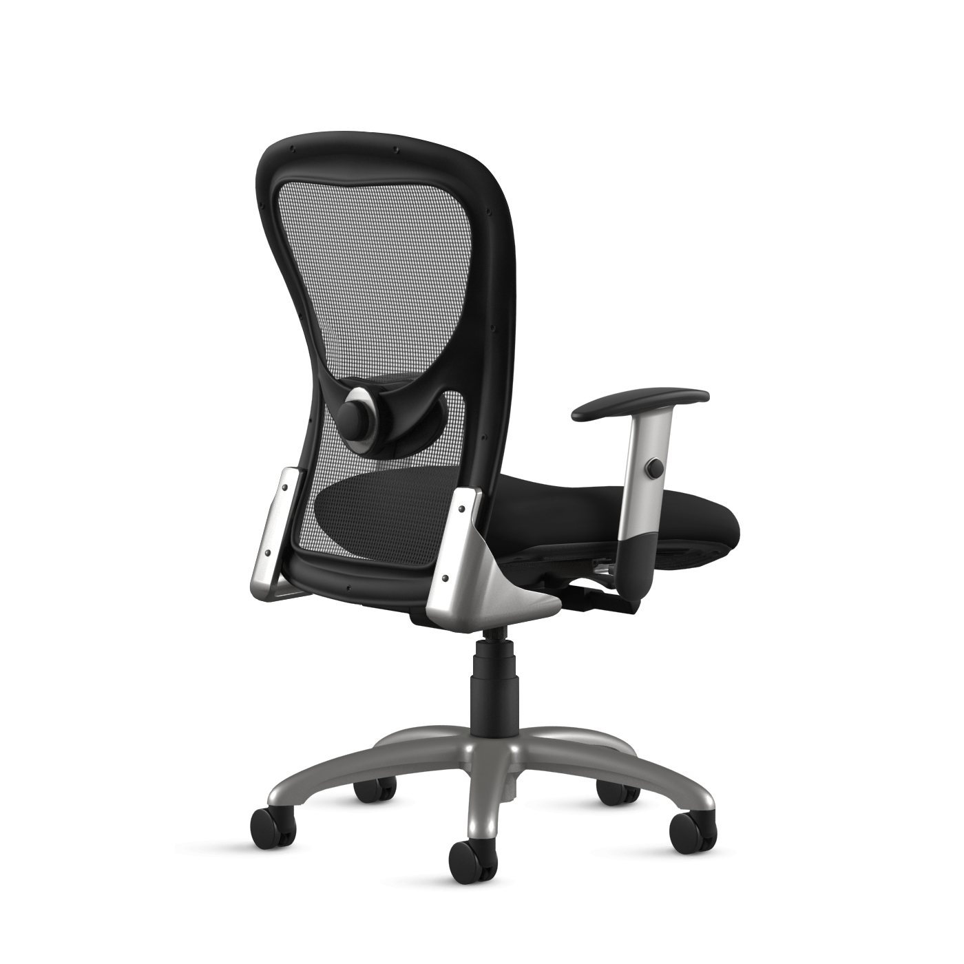 1560 Y2 A95 SF T01 strata task chair silver frame with black fabric back view carpet casters <ul> <li>Aluminum frame and base</li> <li>Upholstered seat</li> <li>Mesh Back</li> <li>A9 Height / Width adjustable arms</li> <li>Height- and depth-adjustable lumbar standard</li> <li>Warranted up to 300 lbs</li> <li>Seat Slider</li> <li>Heavy Duty Casters</li> <li>Optional casters for hardwood floors</li> </ul>