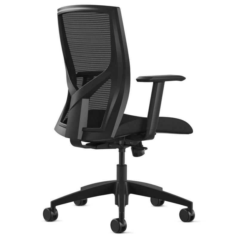 205 9to5seating task chair backview • Ships in 24 hours • Five-year warranty • Assembly required • Warranted to 300 lbs. • 2-way height adjustable arms • Black mesh back • Air grid mesh seat and 3" thick molded foam seat