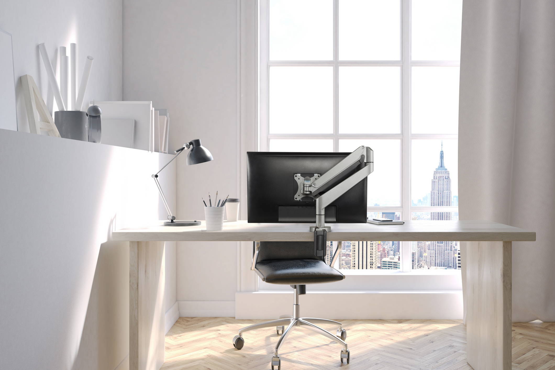Study room interior ENVOY 1 lifestyle wood desk <ul> <li>Screen size: Up to 32"</li> <li>Mount supports monitors 2.2 - 19.8 lbs.</li> <li>Color: Silver</li> <li>Height Adjustment: 13.2 | Extension Range 23.7"</li> <li>Pivot: Landscape / Portrait</li> <li>Rotation: 270° at base, 360° at mid joint, 180° at upper joint</li> <li>VESA Compatibility: 75 & 100mm, quick-release adapter included</li> <li>Warranty 10 years</li> </ul>