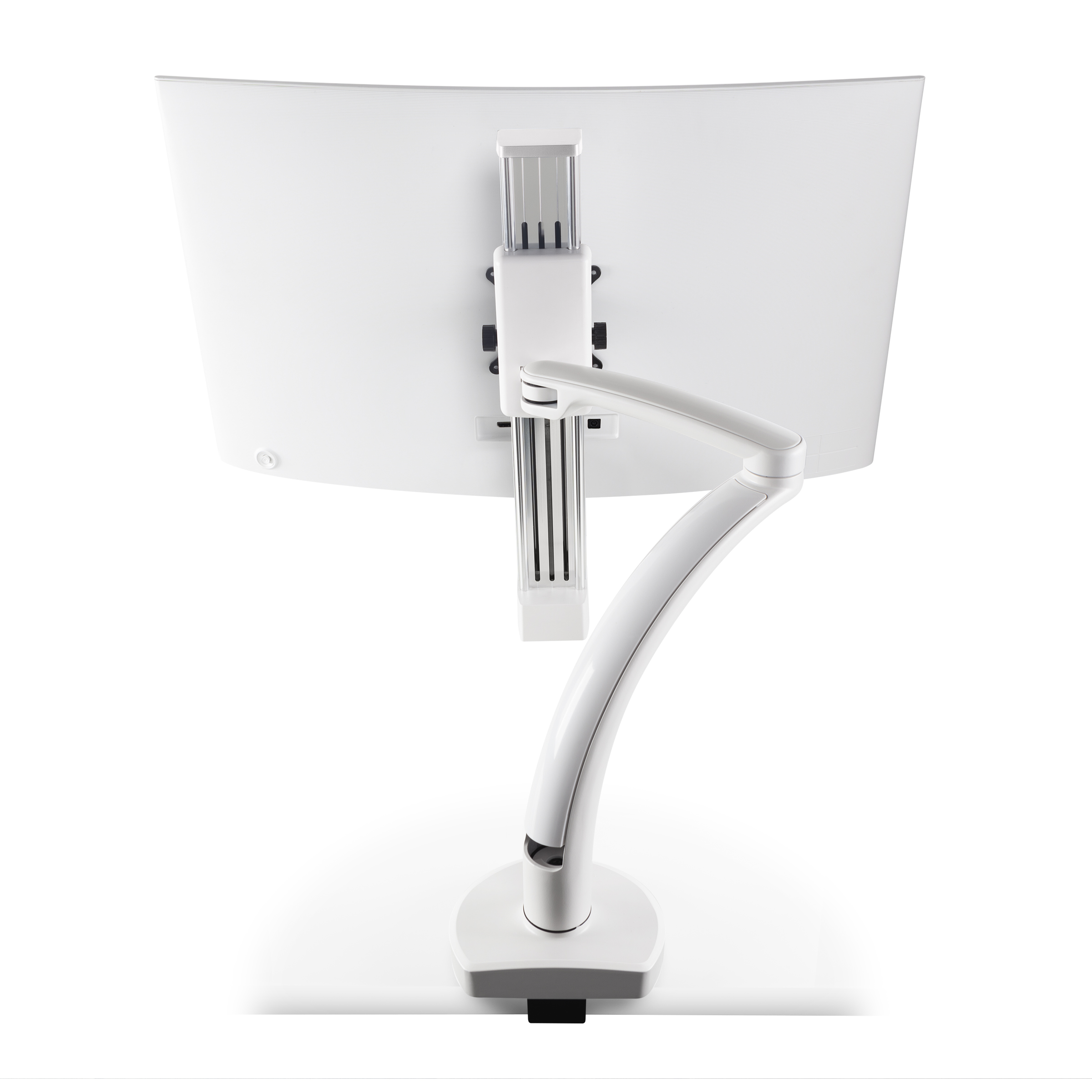 Ella 1 CM 248 back inserts <ul> <li>Screen size up to: 43"</li> <li>Available in Flat White, Silver, Vista Black</li> <li>Height adjustment: 11.5" | Extension range 24.4"</li> <li>Pivot: Landscape / Portrait</li> <li>Rotation: 180° at base, 360° at upper joints</li> <li>Mount Configurations: Desk Edge and Grommet</li> <li>Vesa Compatibility: 75 & 100mm, adapter included</li> <li>Warranty 10 Years</li> </ul>