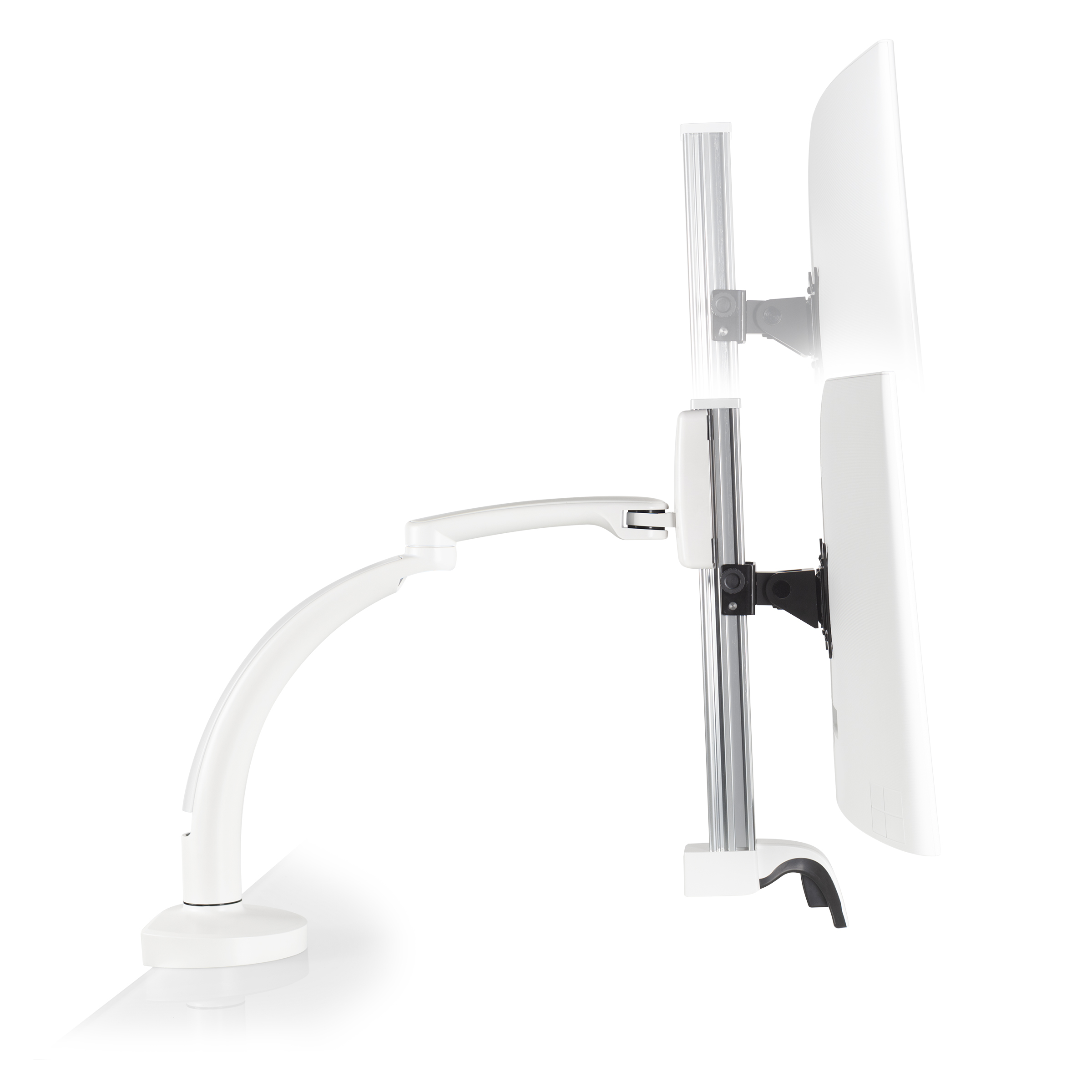 Ella 1 CM 248 height adjustment <ul> <li>Screen size up to: 43"</li> <li>Available in Flat White, Silver, Vista Black</li> <li>Height adjustment: 11.5" | Extension range 24.4"</li> <li>Pivot: Landscape / Portrait</li> <li>Rotation: 180° at base, 360° at upper joints</li> <li>Mount Configurations: Desk Edge and Grommet</li> <li>Vesa Compatibility: 75 & 100mm, adapter included</li> <li>Warranty 10 Years</li> </ul>