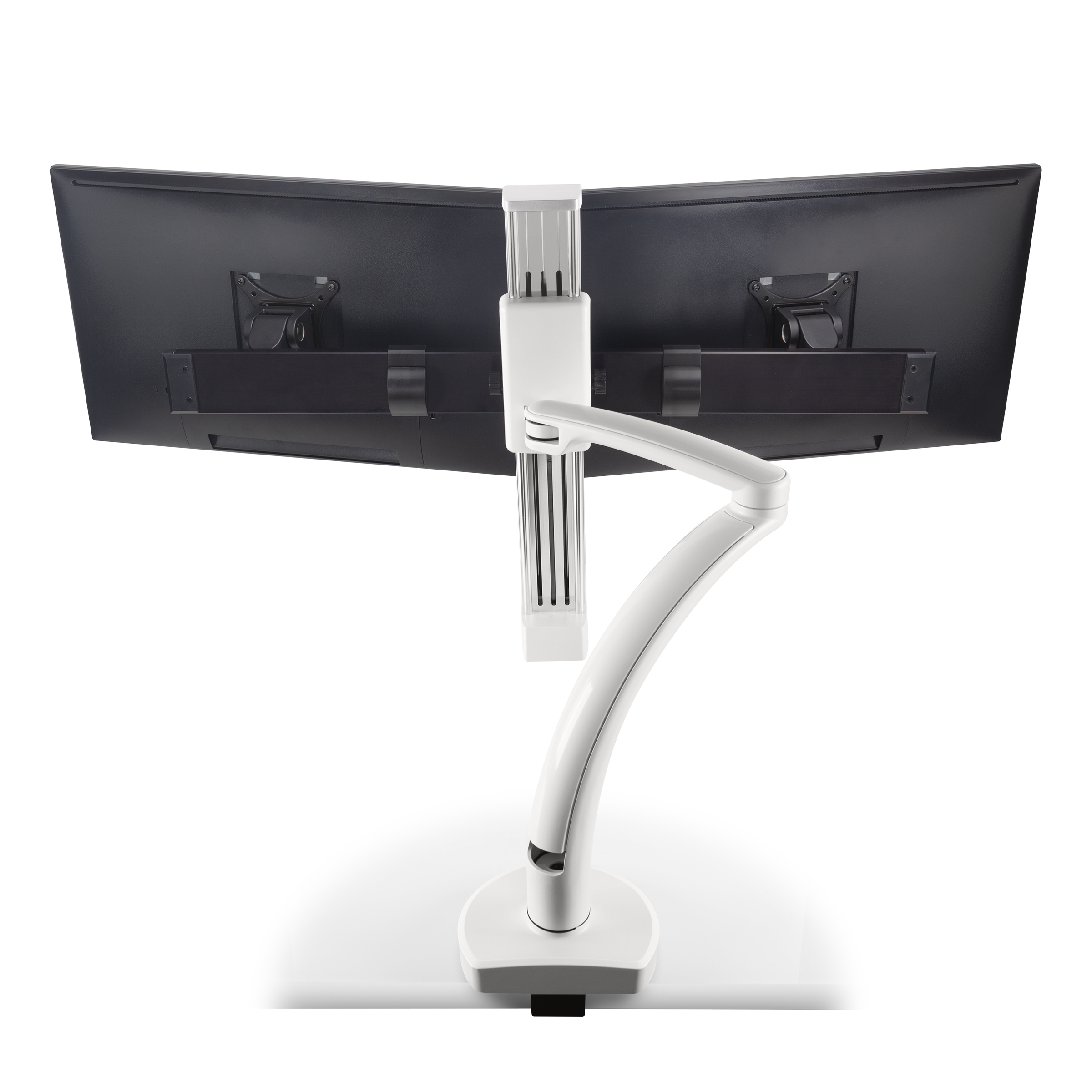 Ella-2-CM-248-back Ella 2 CM 248 back <ul> <li>Screen size up to: 30"</li> <li>Available in Flat White, Silver, Vista Black</li> <li>Height adjustment: 11.5" | Extension range 24.4"</li> <li>Pivot: Landscape / Portrait</li> <li>Rotation: 180° at base, 360° at upper joints</li> <li>Mount Configurations: Desk Edge and Grommet</li> <li>Vesa Compatibility: 75 & 100mm, adapter included</li> <li>Warranty 10 Years</li> </ul>