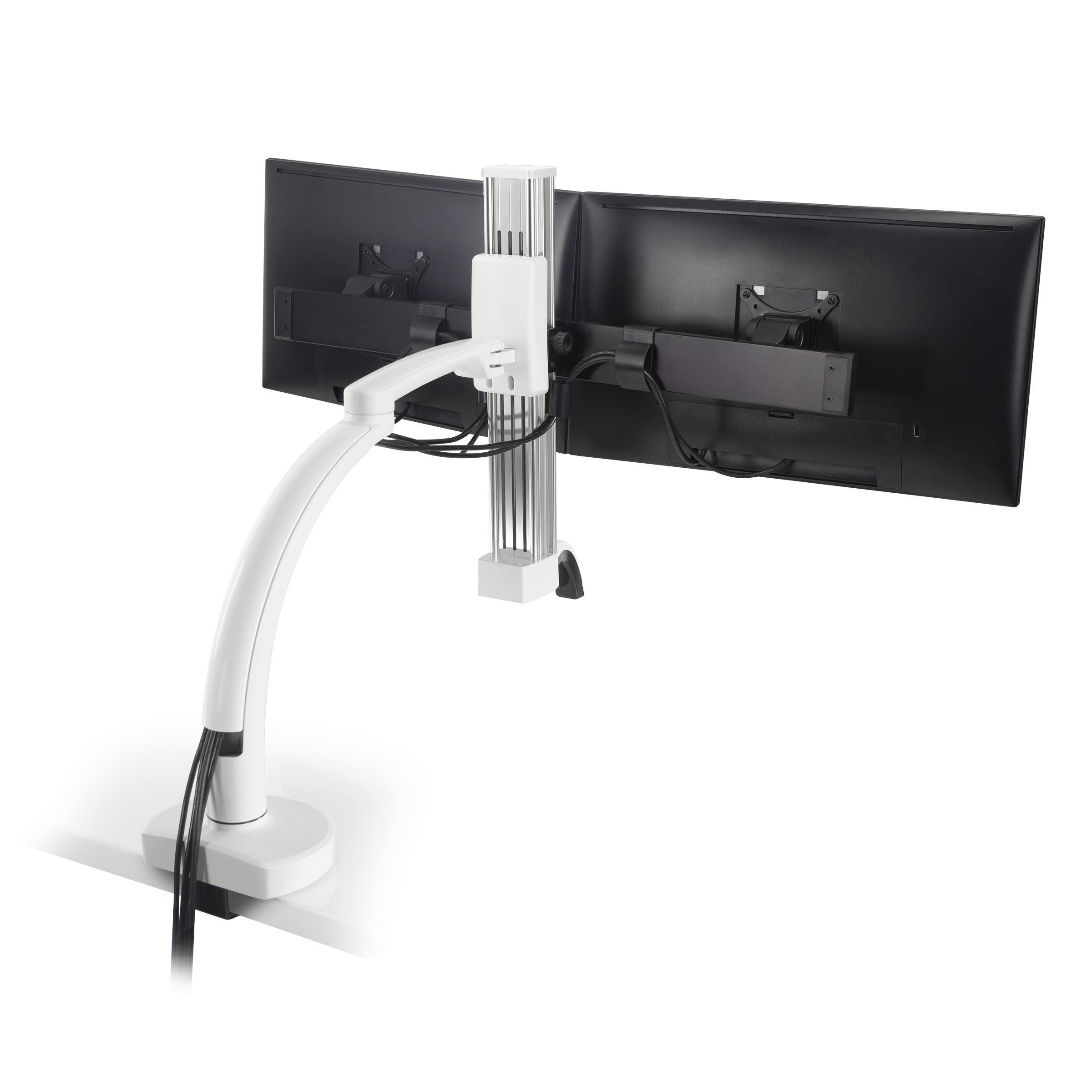 Ella-2-CM-248-cable-management Ella 2 CM 248 cable management <ul> <li>Screen size up to: 30"</li> <li>Available in Flat White, Silver, Vista Black</li> <li>Height adjustment: 11.5" | Extension range 24.4"</li> <li>Pivot: Landscape / Portrait</li> <li>Rotation: 180° at base, 360° at upper joints</li> <li>Mount Configurations: Desk Edge and Grommet</li> <li>Vesa Compatibility: 75 & 100mm, adapter included</li> <li>Warranty 10 Years</li> </ul>