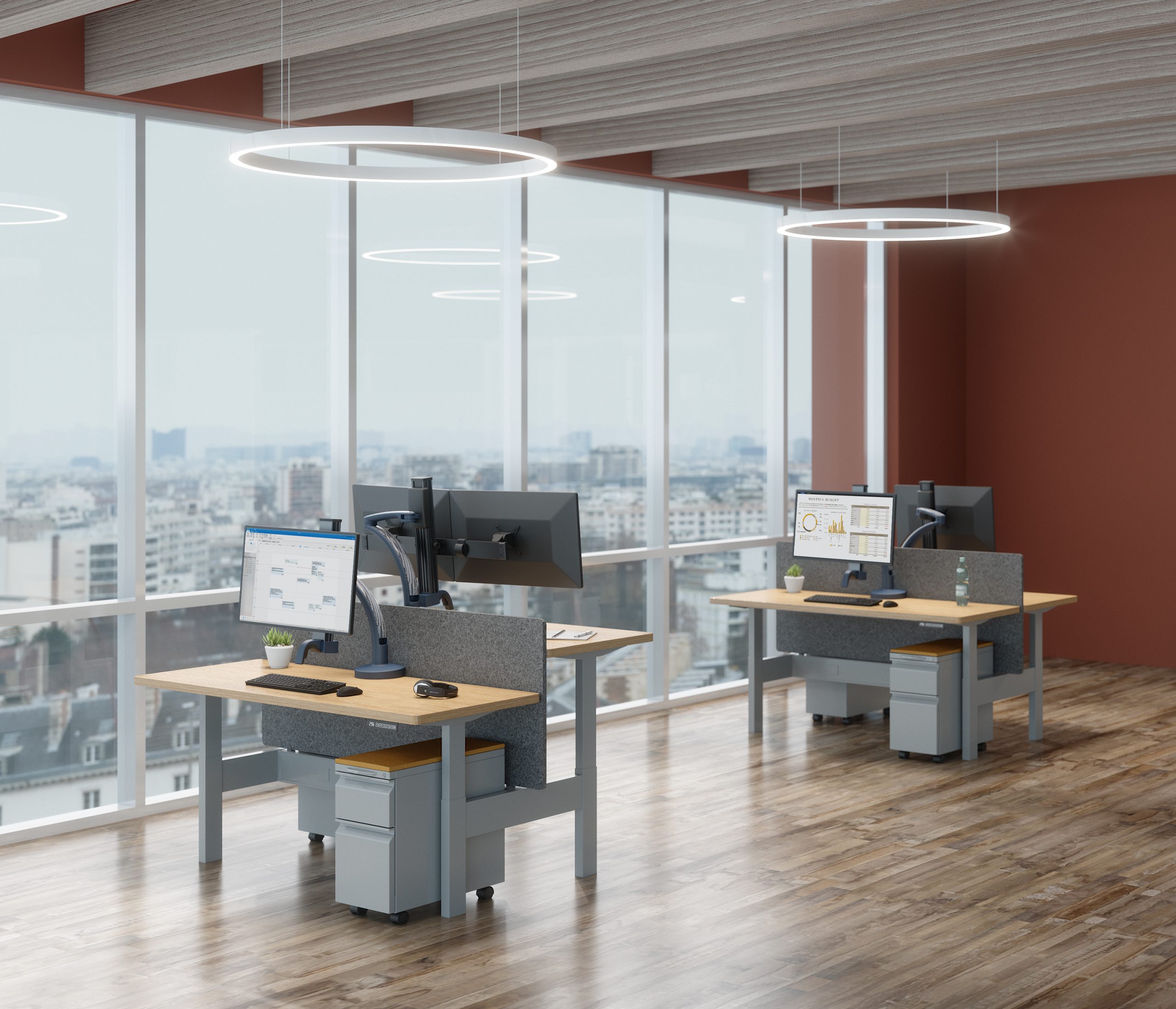 Ella lifestyle HAT benching 2 pack windows scaled <ul> <li>Screen size up to: 30"</li> <li>Available in Flat White, Silver, Vista Black</li> <li>Height adjustment: 11.5" | Extension range 24.4"</li> <li>Pivot: Landscape / Portrait</li> <li>Rotation: 180° at base, 360° at upper joints</li> <li>Mount Configurations: Desk Edge and Grommet</li> <li>Vesa Compatibility: 75 & 100mm, adapter included</li> <li>Warranty 10 Years</li> </ul>