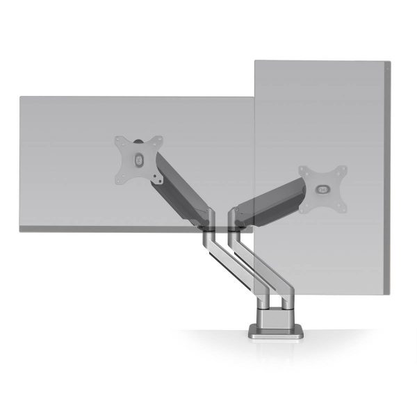 Envoy 2 front landscape portrait <ul> <li>Screen size: Up to 32"</li> <li>Mount supports monitors 2.2 - 19.8 lbs.</li> <li>Color: Silver</li> <li>Height Adjustment: 13.2 | Extension Range 23.7"</li> <li>Pivot: Landscape / Portrait</li> <li>Rotation: 270° at base, 360° at mid joint, 180° at upper joint</li> <li>VESA Compatibility: 75 & 100mm, quick-release adapter included</li> <li>Warranty 10 years</li> </ul>