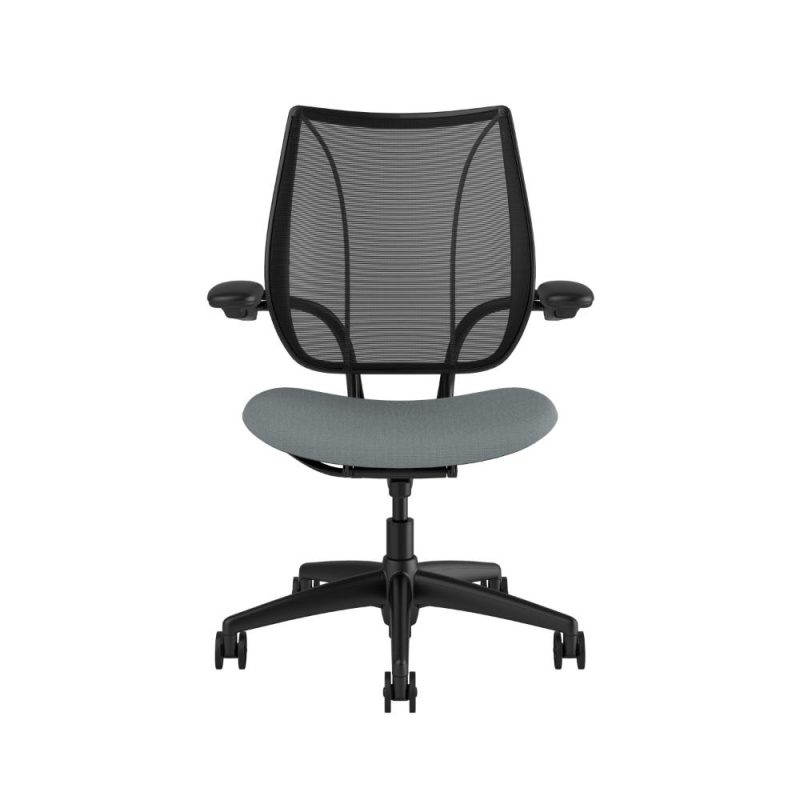 Humanscale liberty black frame black mesh medium grey fabric <ul> <li>Ergonomic Mesh Chair</li> <li>Adjustable Duron Arms</li> <li>Standard Foam Seat Pan</li> <li>Standard Cylinder 5"</li> <li>Standard Hard Casters</li> <li>Standard Matching Base</li> <li>Weight Capacity up to 300 lbs</li> </ul>