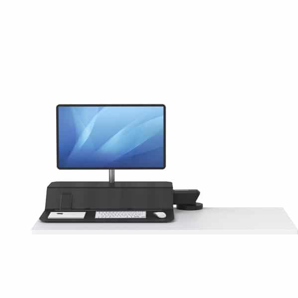 LOTUS RT1 F BLK Dn 101420 ESI 1 <ul> <li>Smooth Lift Technology with easy dial weight adjustment</li> <li>TriMotion flexibility: 180° rotation at the base, 90° vertical adjustment, 180° platform rotation</li> <li>Clamp mounts to worksurface (1" to 3")</li> <li>17" height adjustment range</li> <li>Precision positioning</li> <li>25 lbs. platform weight capacity (20 for monitor and 5 for keyboard tray)</li> <li>Includes integrated cable management</li> <li>Waterfall design allows users to prop up a phone, notepad, or document</li> <li>Warranty 5 yr</li> </ul>