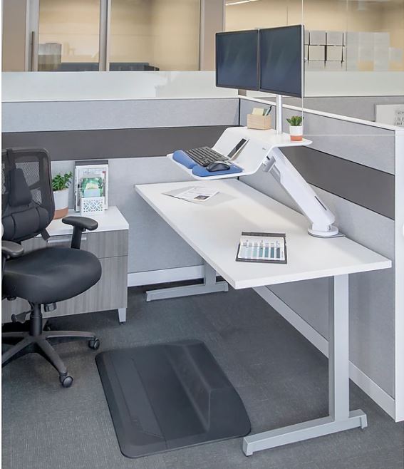 Lotus dual monitor sit stand white <ul> <li>Smooth Lift Technology with easy dial weight adjustment</li> <li>180° base rotation (90° in each side)</li> <li>Clamp mounts to worksurface (1" to 3")</li> <li>17" height adjustment range</li> <li>Precision positioning</li> <li>25 lbs. platform weight capacity (<strong>10</strong> for each monitor and 5 for keyboard tray)</li> <li>Includes integrated cable management</li> <li>Waterfall design allows users to prop up a phone, notepad, or document</li> <li>Warranty 5 yr</li> </ul>