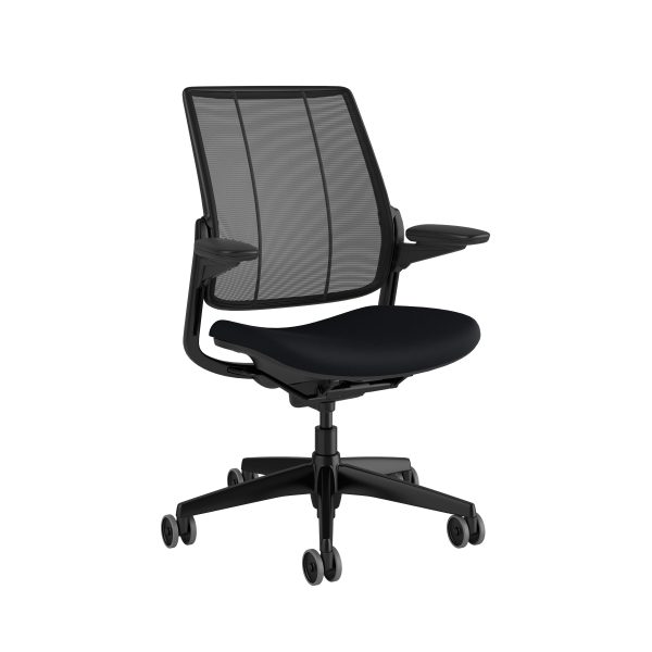 Smart Ocean HS S115BM10CF10XFSHNSC black frame black side view <ul> <li>Backrest Mesh/Color:  Monofilament Stripe, Black</li> <li>Seat Textile/Color: Corde 4, Black</li> <li>Frame Color: Black with Black Trim* Incorporates Ocean Netting</li> <li>4D Adjustable Duron Arms</li> <li>Foam seat pan</li> <li>Standard hard casters</li> <li>5” cylinder</li> <li>Contact Us for additional customizations and available textiles</li> </ul>