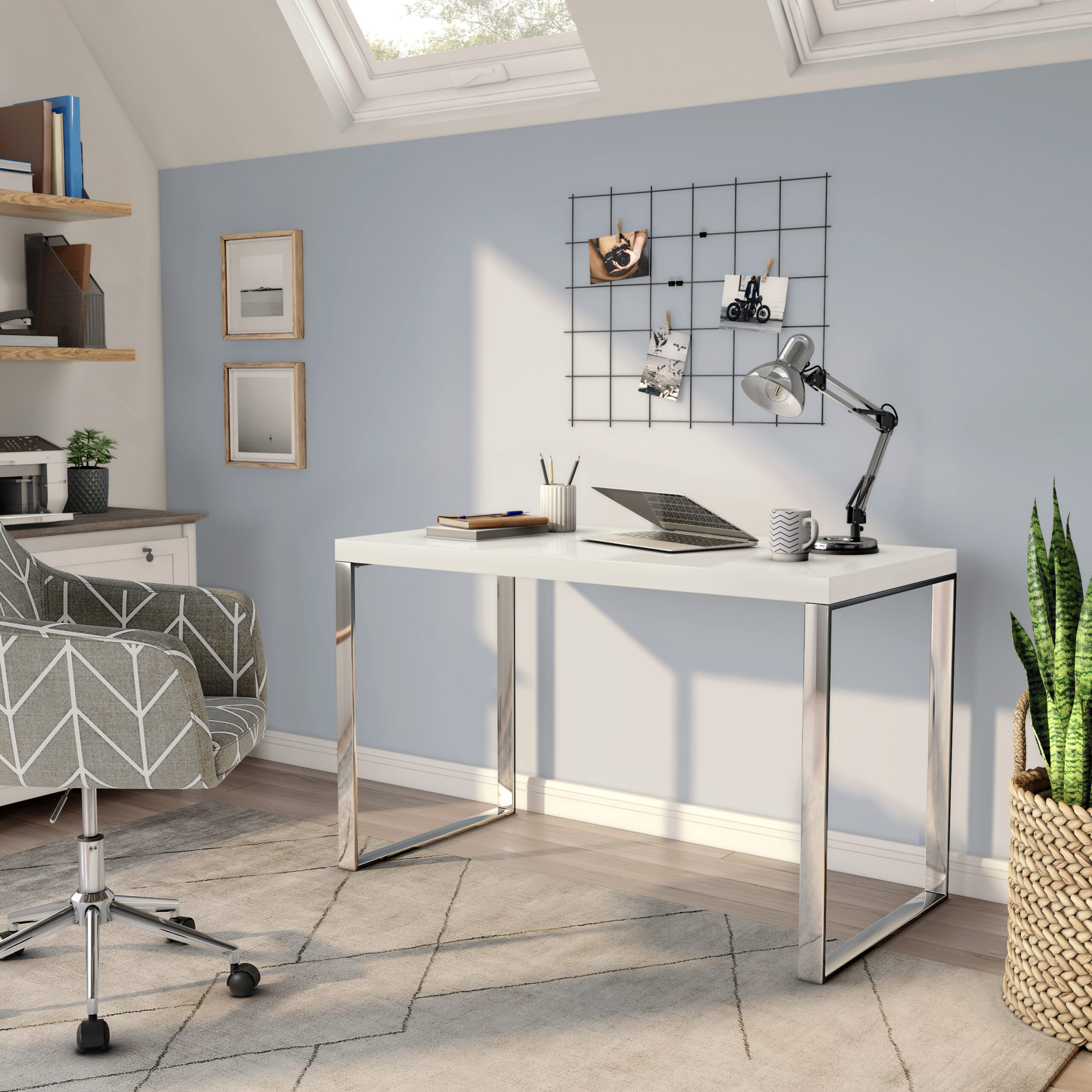 Dillon 47" Desk 09815WHT Dillon Desk in High Gloss White with Polished Stainless Steel Base